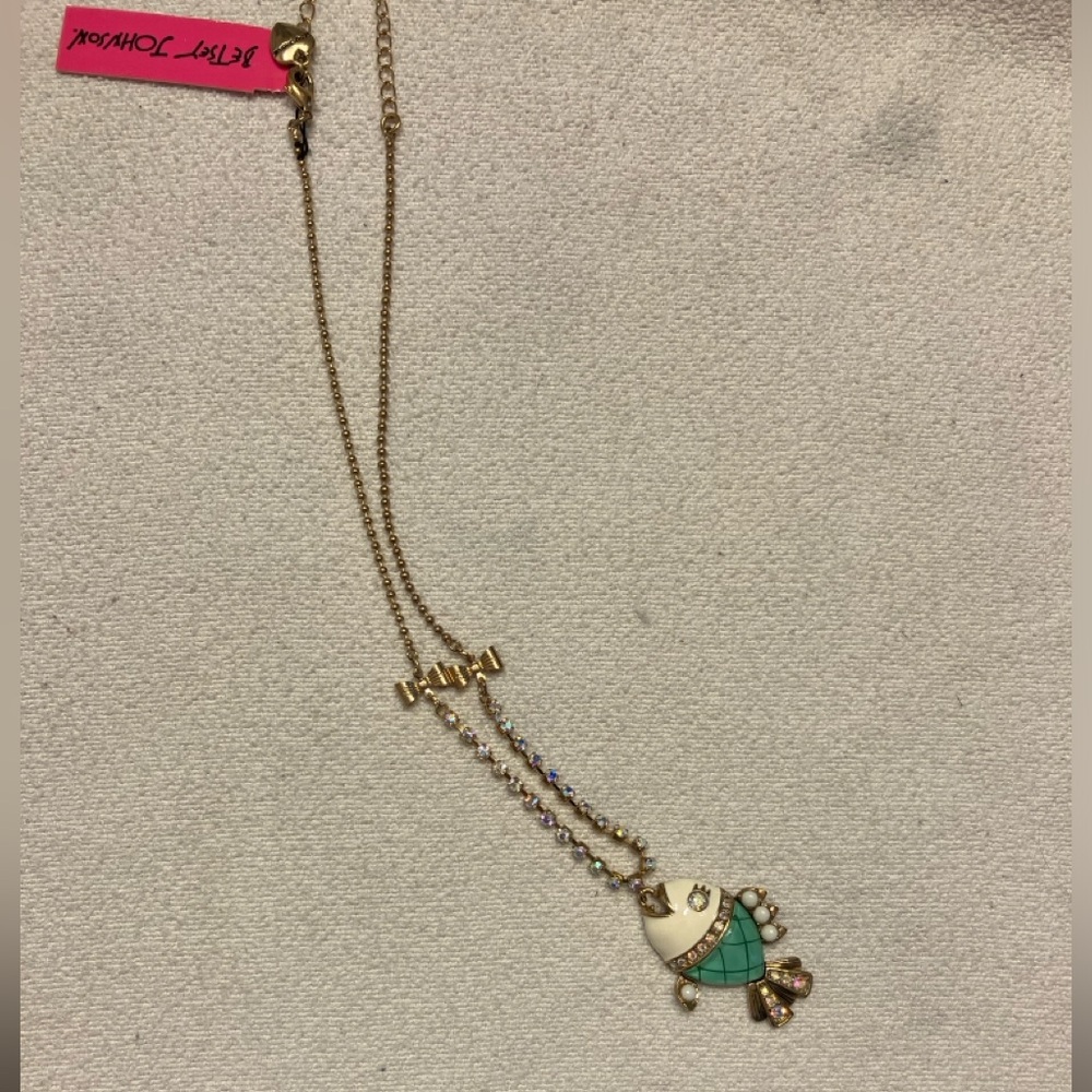 Vintage Betsey Johnson Sea Excursion Fish Necklace Blue Lucite Rhinestone Gold